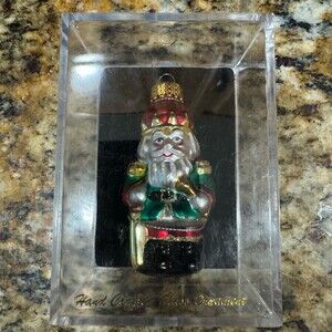 Old World Christmas Santa Claus Ornament Horn Trumpet Green Coat Glitter